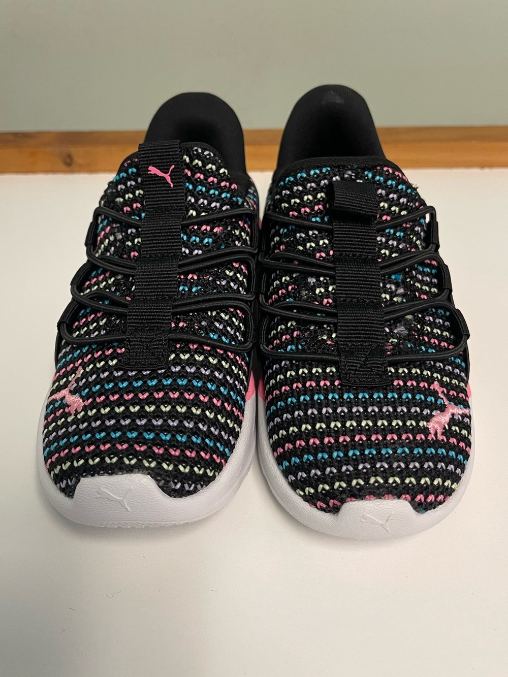 Puma Kids Black Knit Sneakers with Pink and Blue Accents